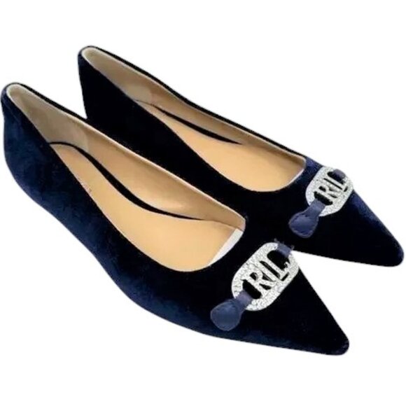 60% OFF NEW Lauren Ralph Lauren Lilah Navy Velvet Crystal Logo Flat Shoes 8.5